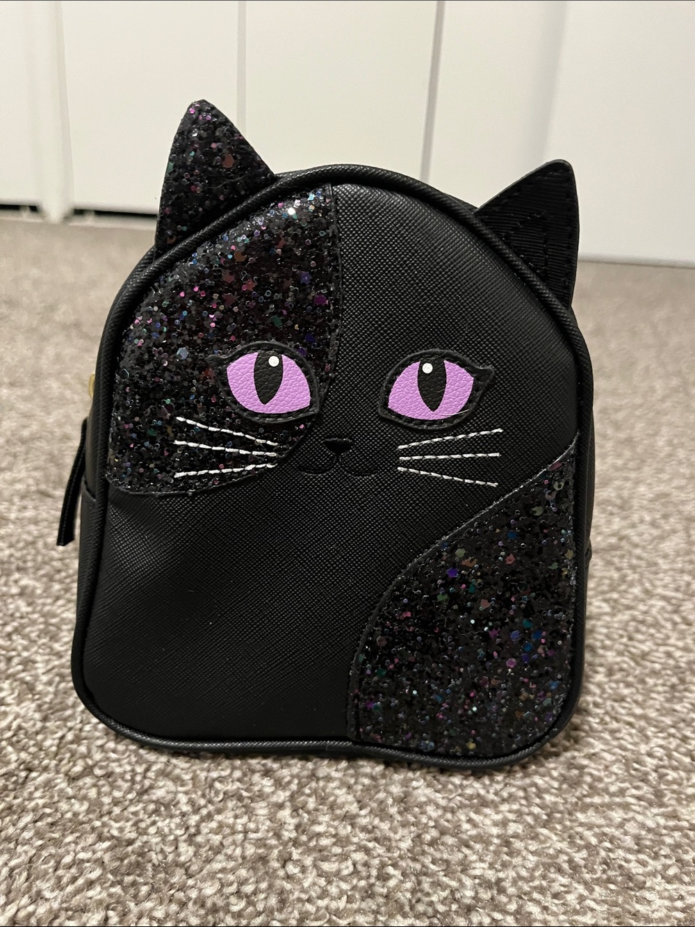 Black Cat Glitter mini backpack with Purple Eyes